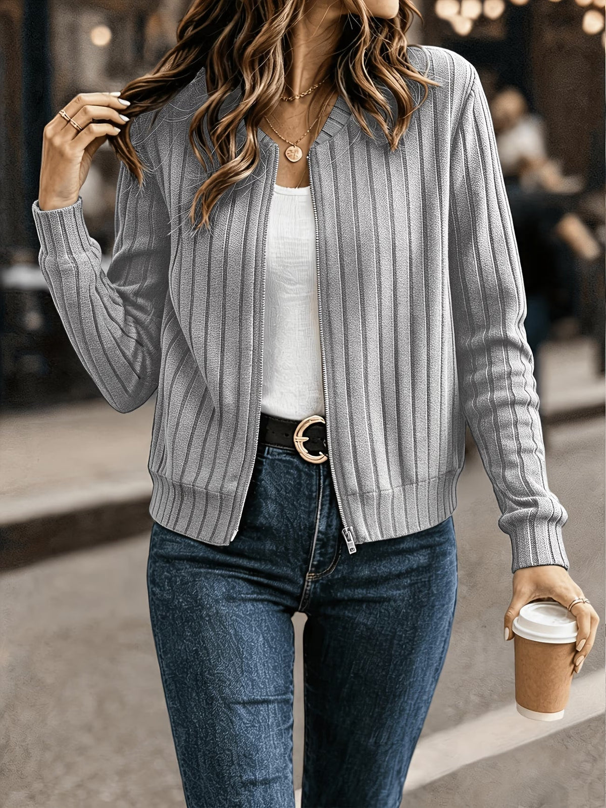 Cardigan donna a coste con zip frontale e maniche lunghe