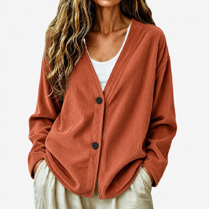 Cardigan donna a coste con scollo a V e bottoni