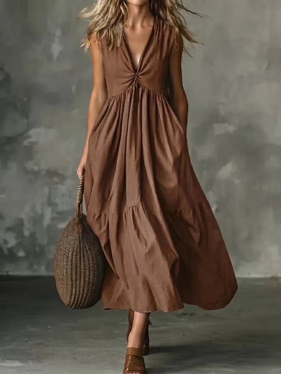 Abito midi donna senza maniche con scollo a V e tasche