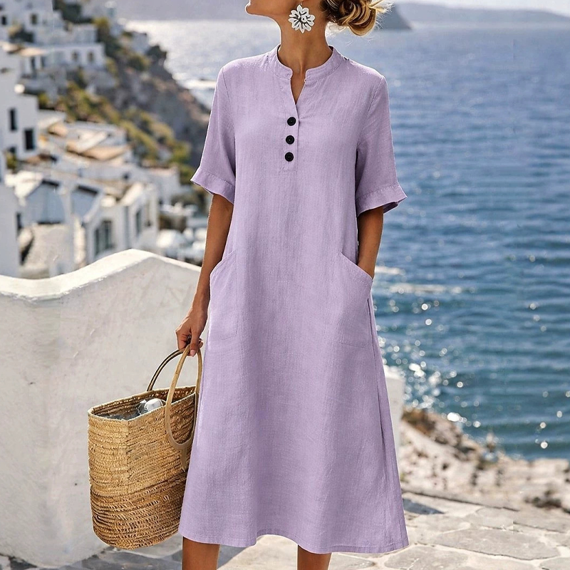 Abito donna midi in cotone lino con bottoni e tasche