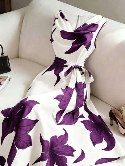 Abito donna midi floreale senza maniche con vita annodata