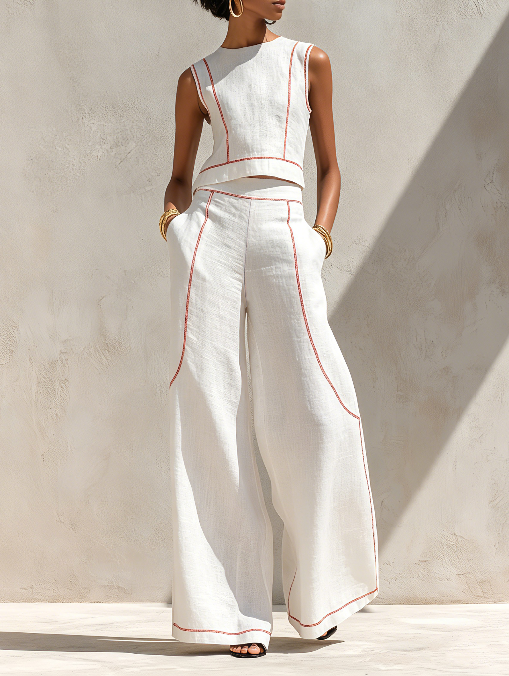 Completo donna minimal con cuciture a contrasto