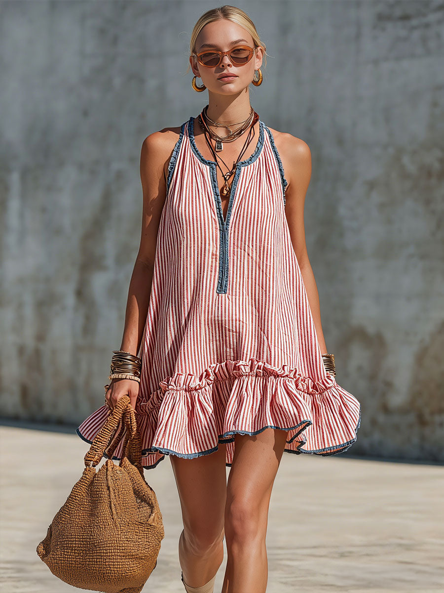 Abito mini donna a righe con volant e scollo halter