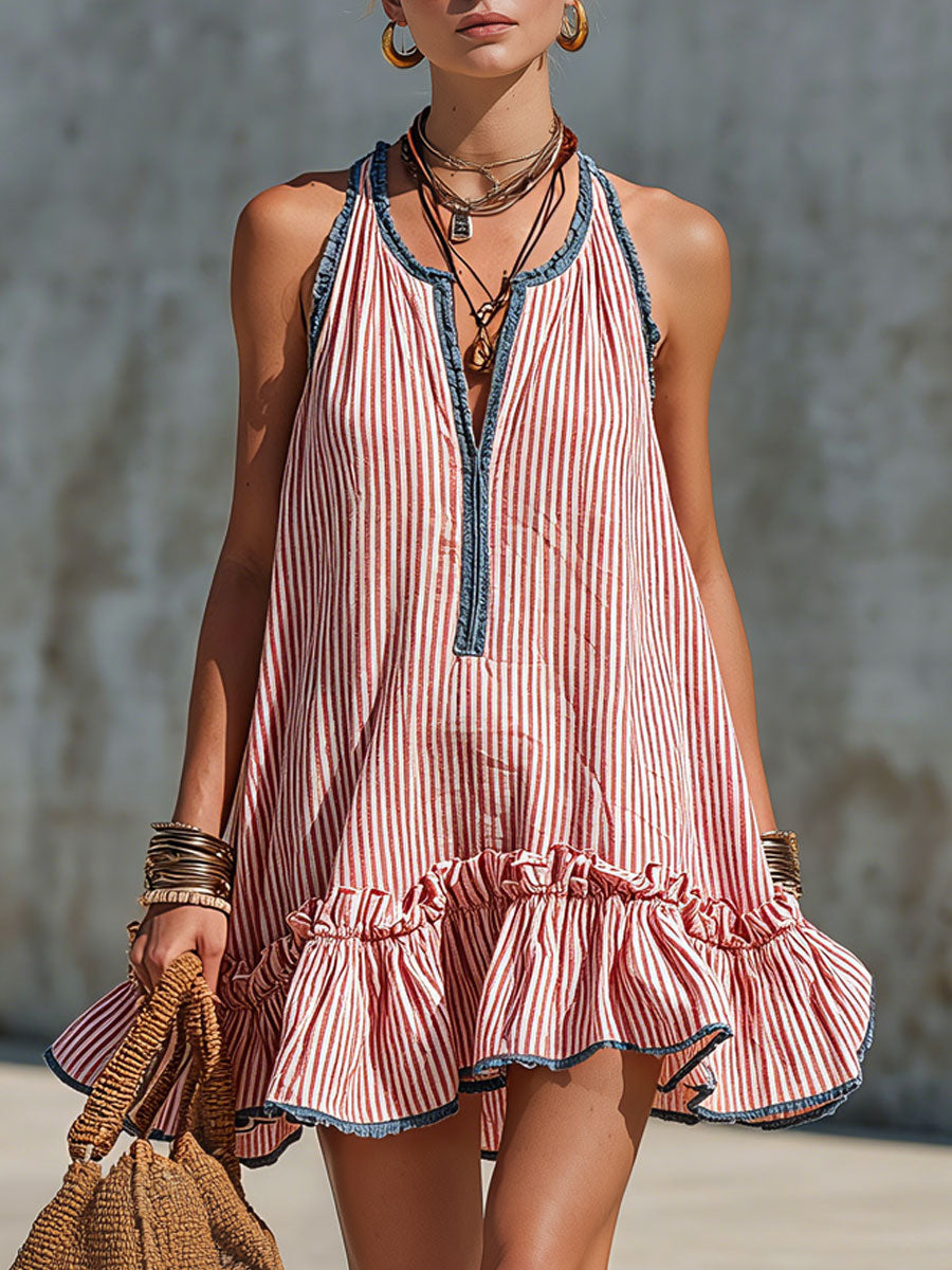 Abito mini donna a righe con volant e scollo halter