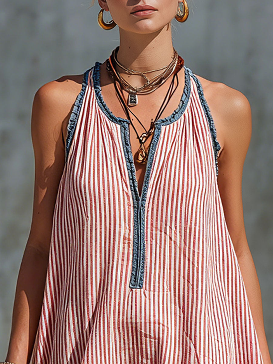 Abito mini donna a righe con volant e scollo halter