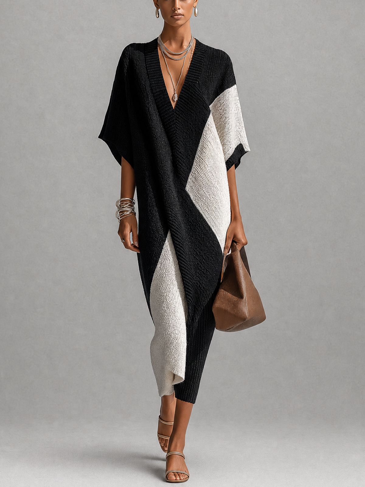 Abito midi donna bicolore con scollo a V