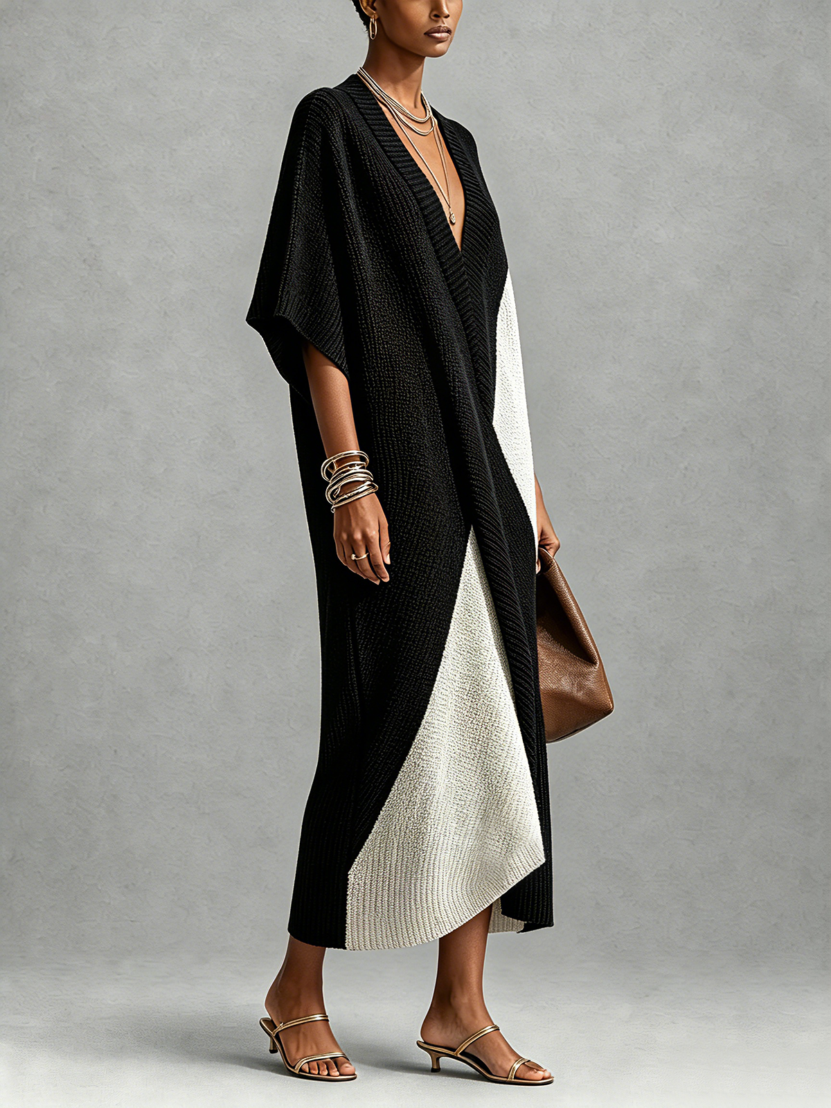 Abito midi donna bicolore con scollo a V