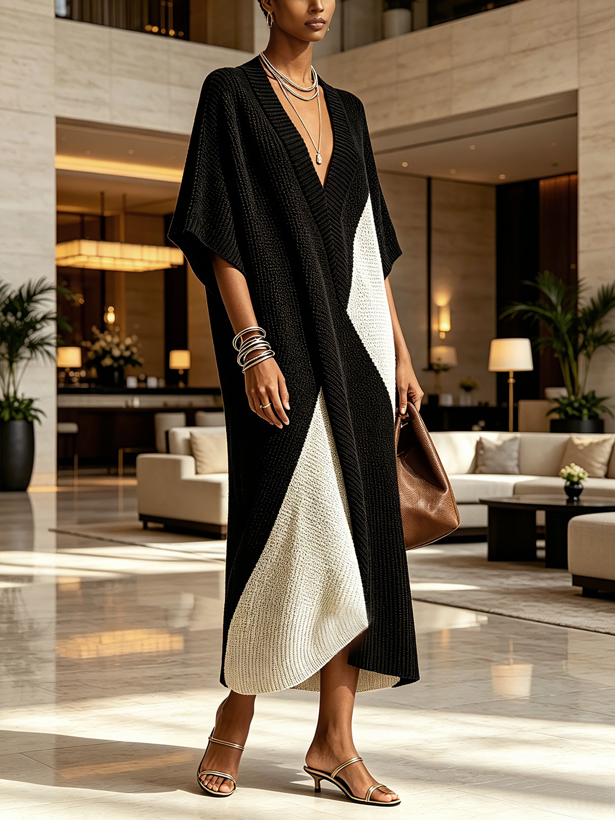 Abito midi donna bicolore con scollo a V