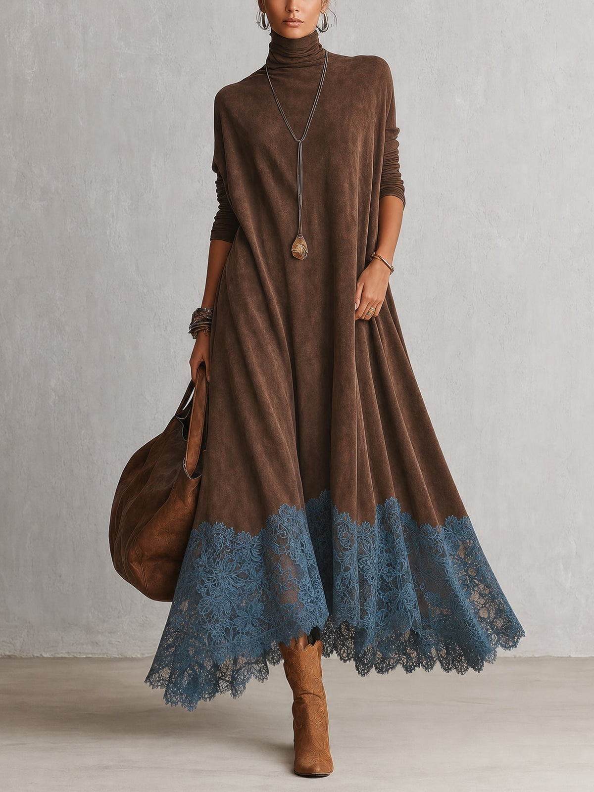 Abito maxi donna effetto suede con collo alto e bordo in pizzo