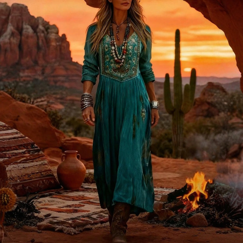 Abito maxi donna in stile bohémien con motivo floreale e linea fluida