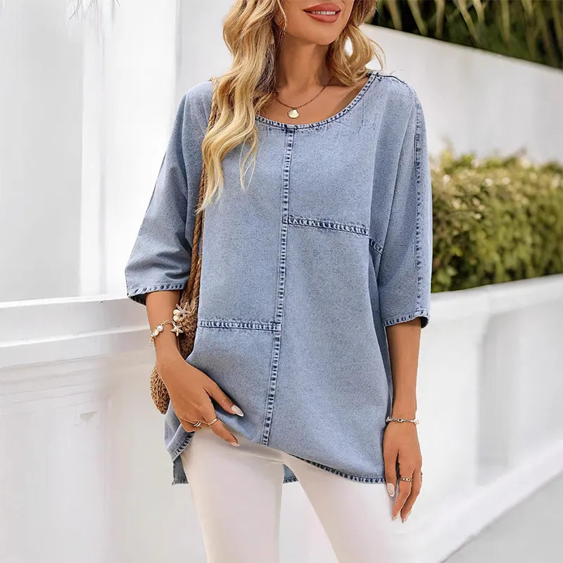 T-shirt donna effetto denim con cuciture decorative