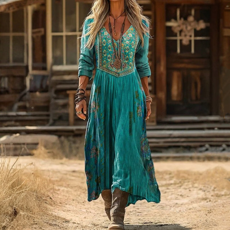 Abito maxi donna in stile bohémien con motivo floreale e linea fluida