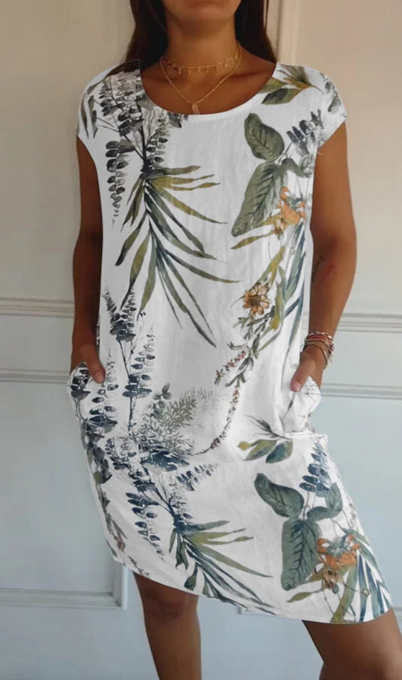 Abito donna fluido con stampa botanica e tasche
