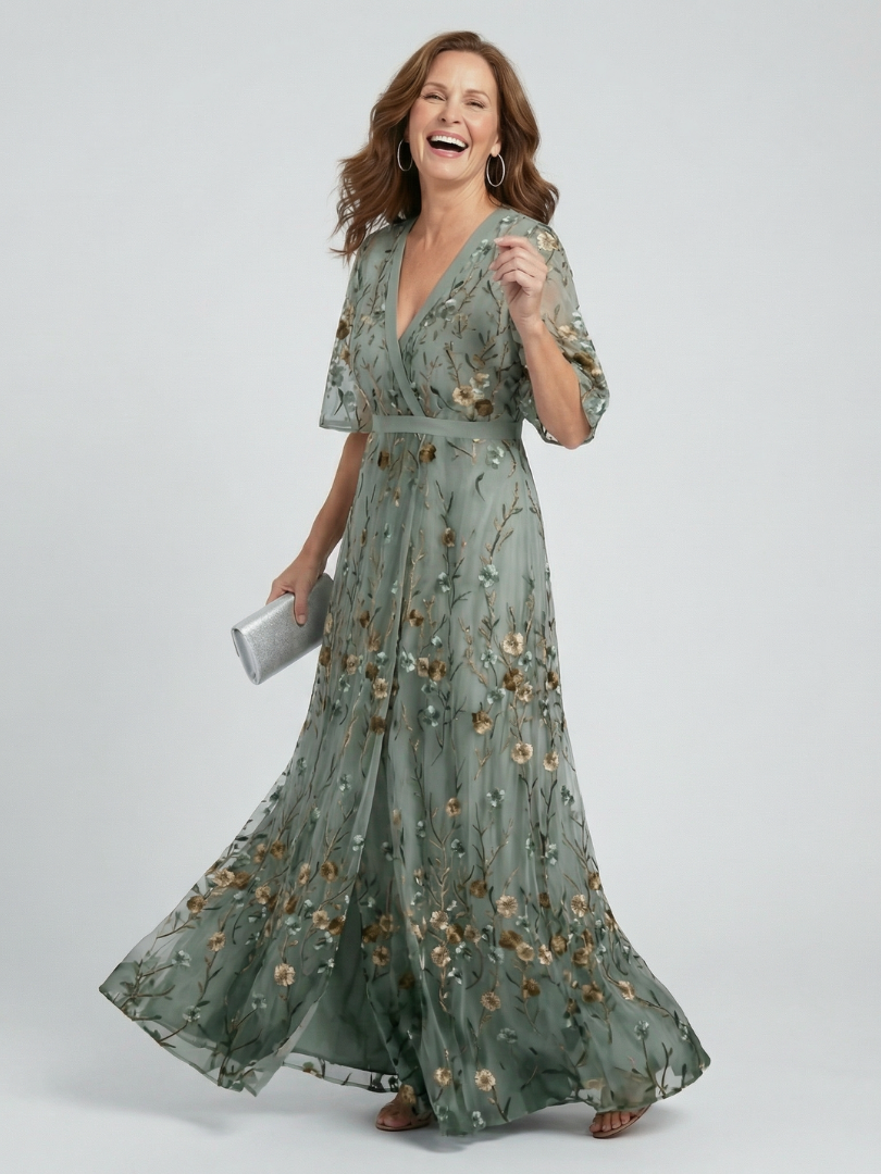 Abito lungo donna floreale elegante con scollo incrociato