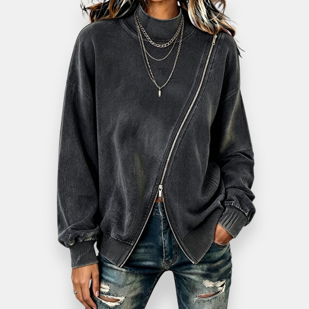 Felpa donna oversize con zip diagonale ed effetto vintage