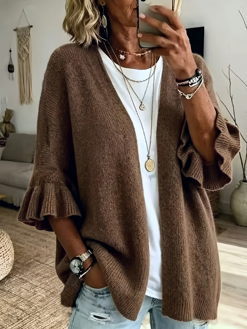 Cardigan donna aperto in maglia con maniche a volant