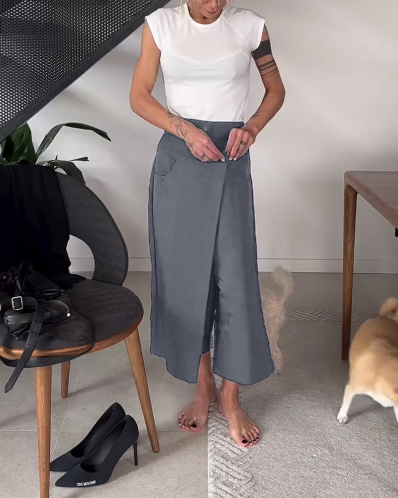 Pantaloni donna larghi asimmetrici con vita media