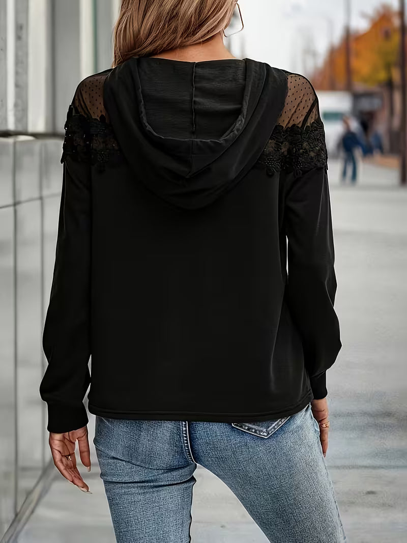 Felpa donna elegante con cappuccio, pizzo e inserto trasparente
