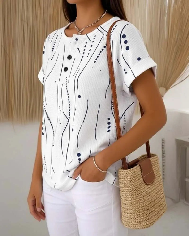 T-shirt donna rosa con bottoni e stampa grafica