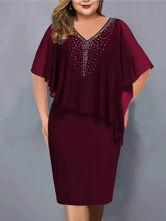 Abito midi donna elegante con strass e mantella in chiffon