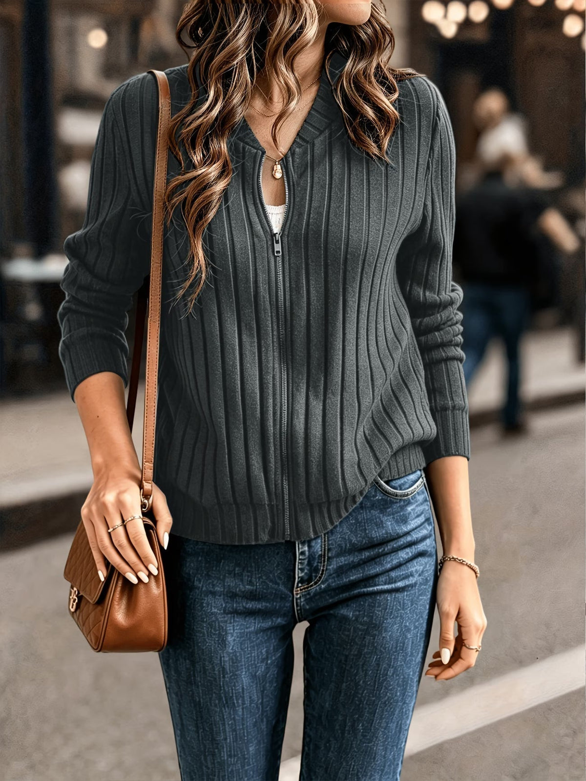 Cardigan donna a coste con zip frontale e maniche lunghe