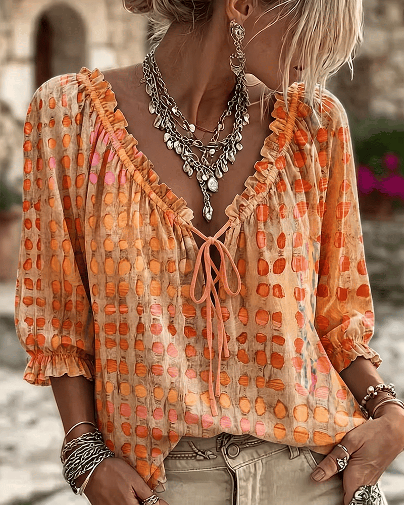 Blusa donna boho a pois con scollo a V e laccio