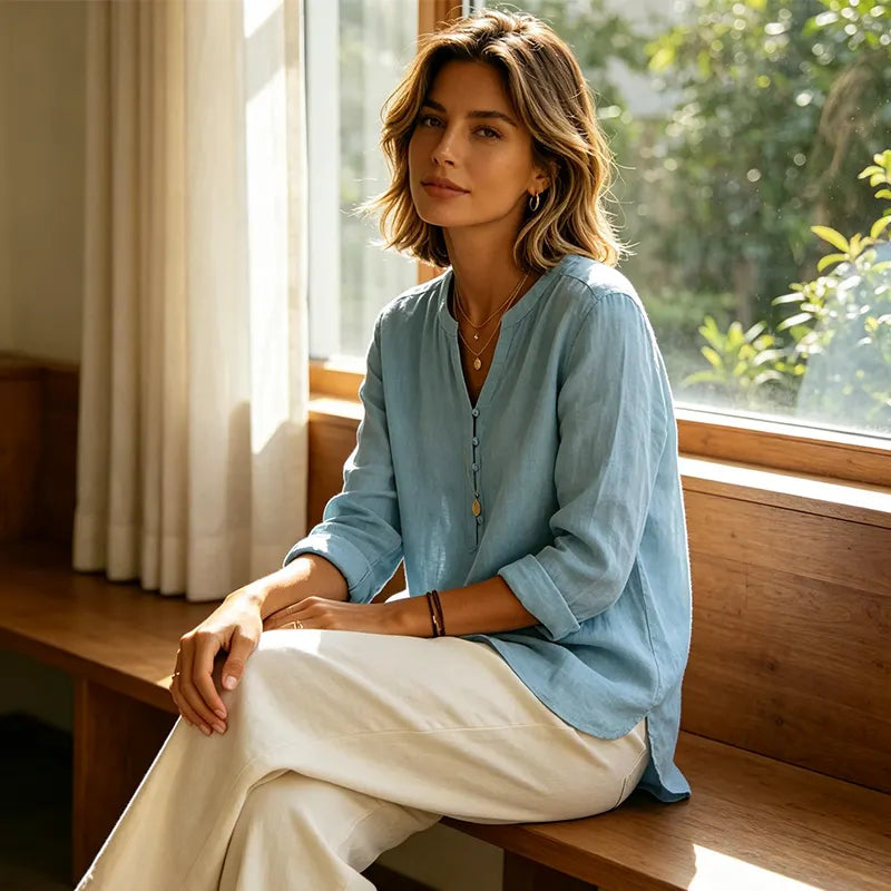 Camicia donna ampia con collo a V e bottoni