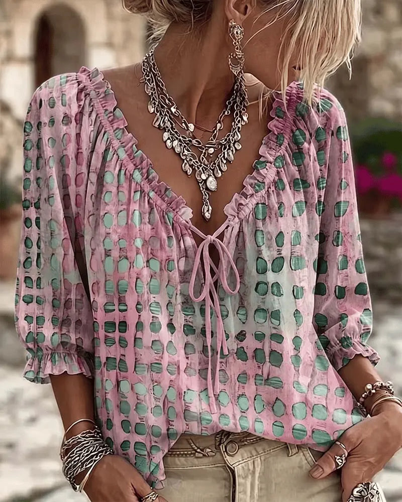 Blusa donna boho a pois con scollo a V e laccio
