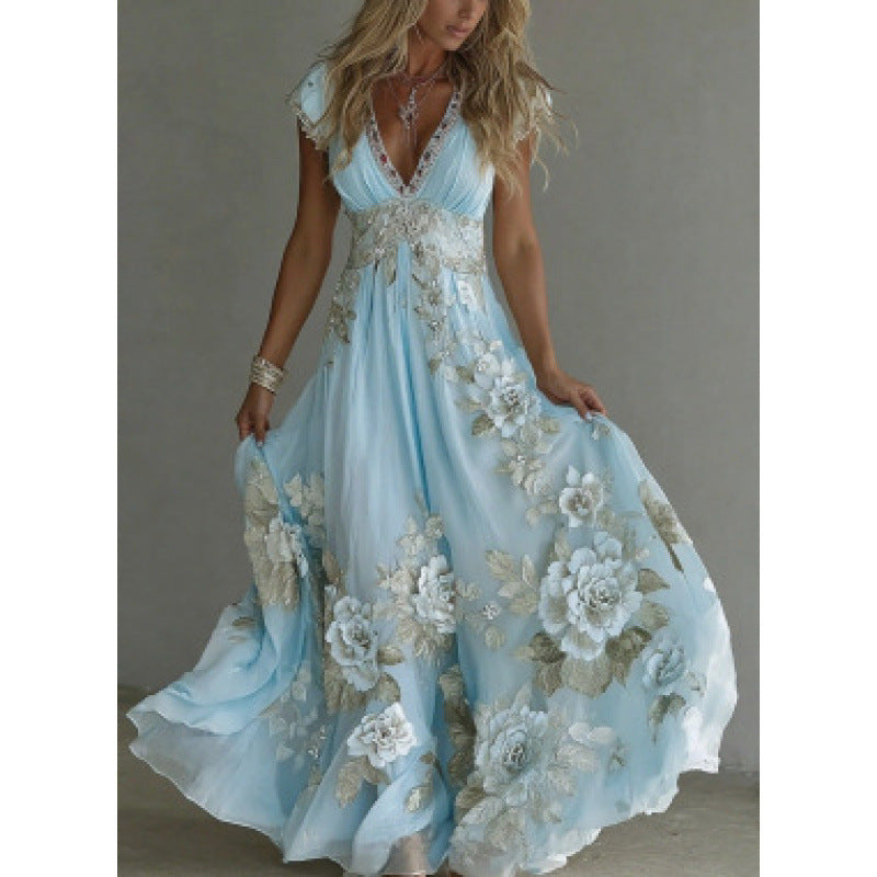 Abito donna lungo in chiffon con pizzo ricamato floreale