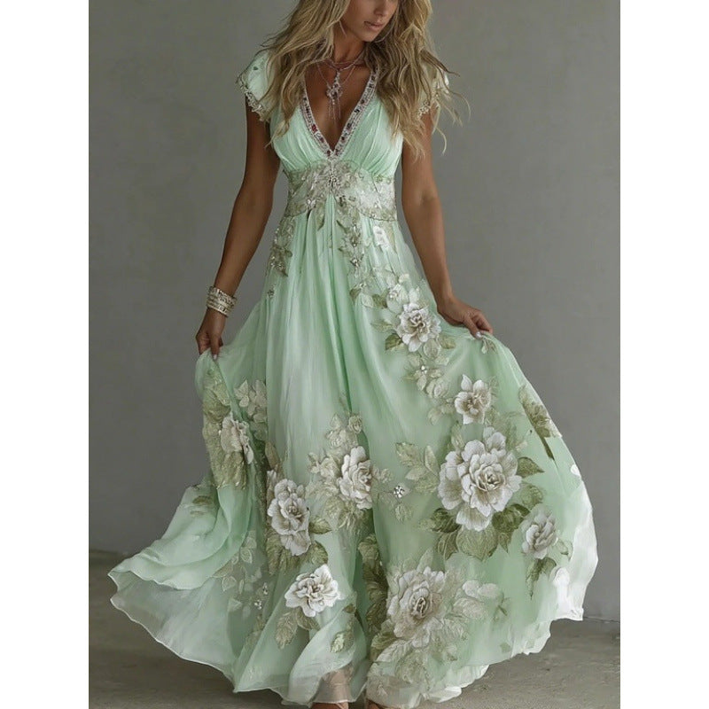 Abito donna lungo in chiffon con pizzo ricamato floreale