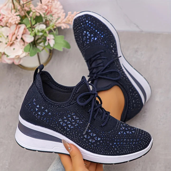 Sneakers donna con zeppa scintillante e rete traspirante