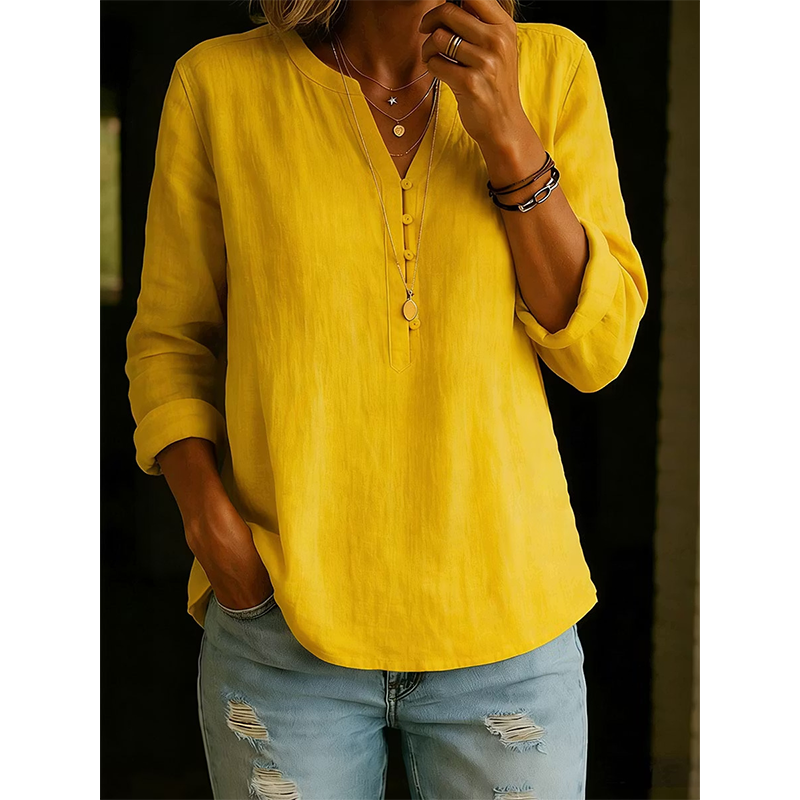 Camicia donna ampia con collo a V e bottoni
