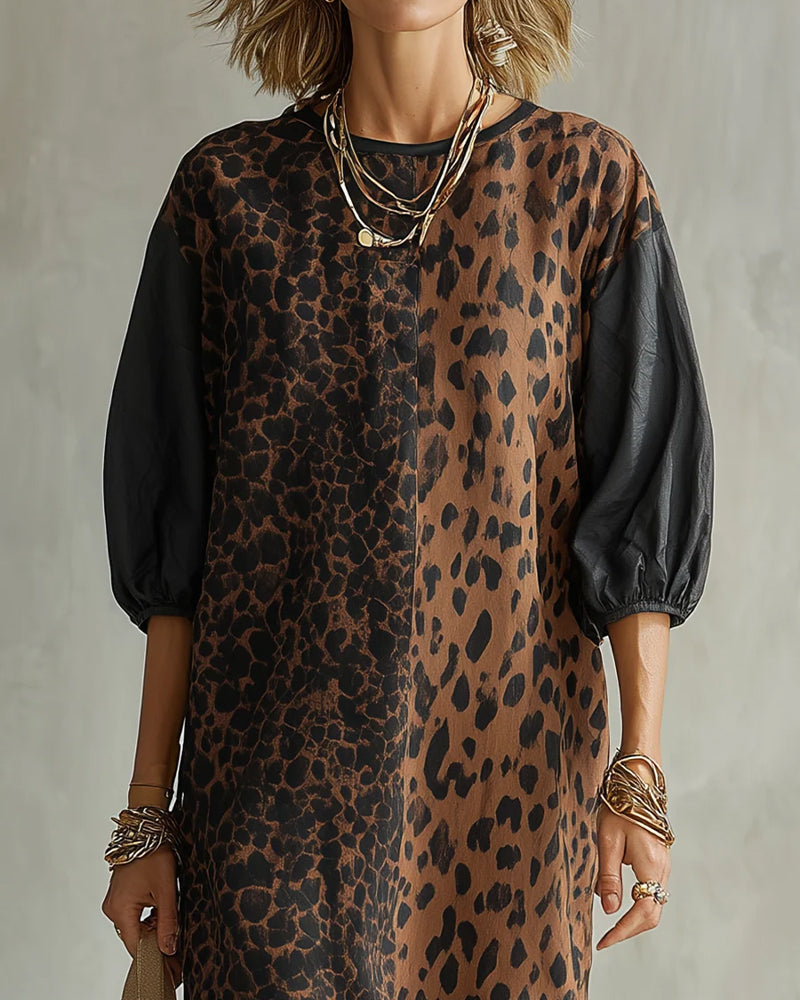 Vestito donna leopardato fluido con maniche a sbuffo