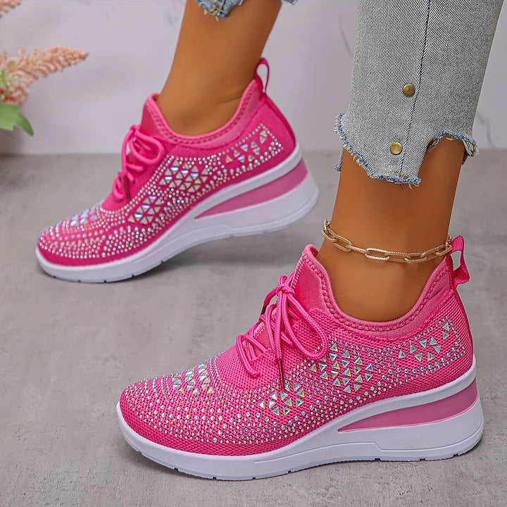 Sneakers donna con zeppa scintillante e rete traspirante