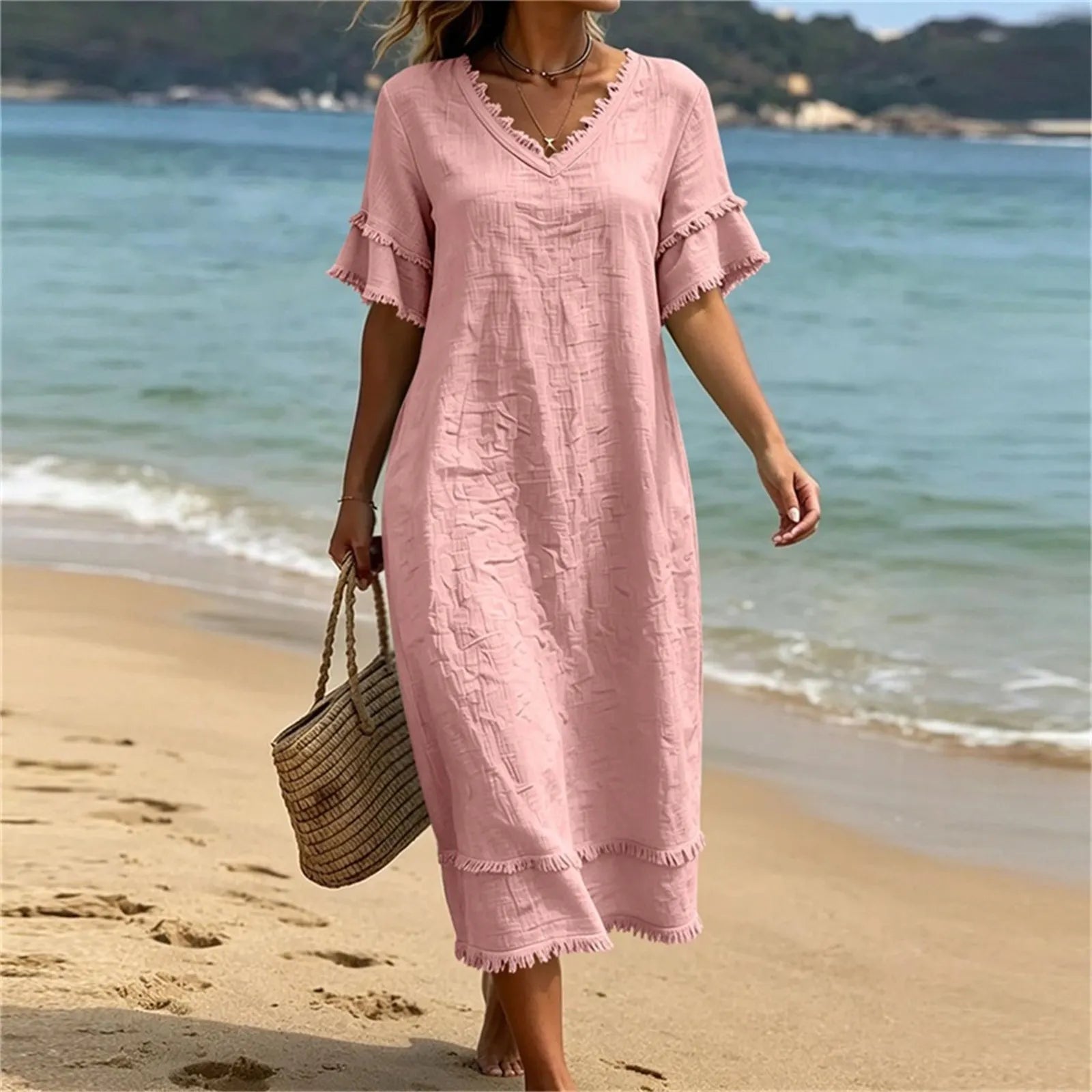 Abito donna bohémien con scollo a V e frange