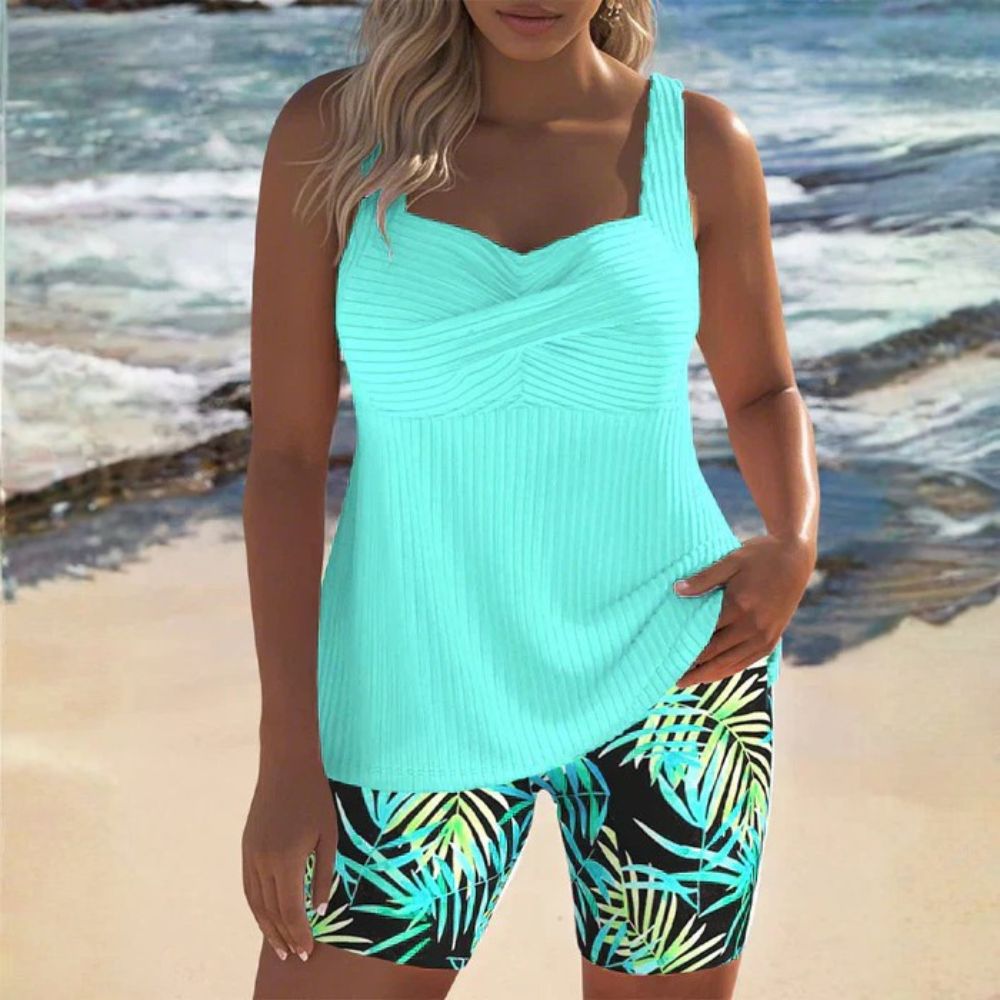 Tankini donna modellante a costine con shorts tropicali