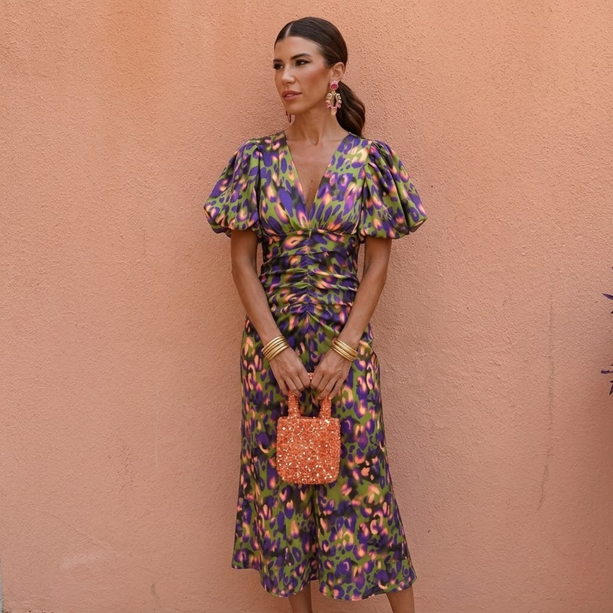 Vestito Donna Scollo a V con Maniche a Sbuffo – Abito Primavera Estate