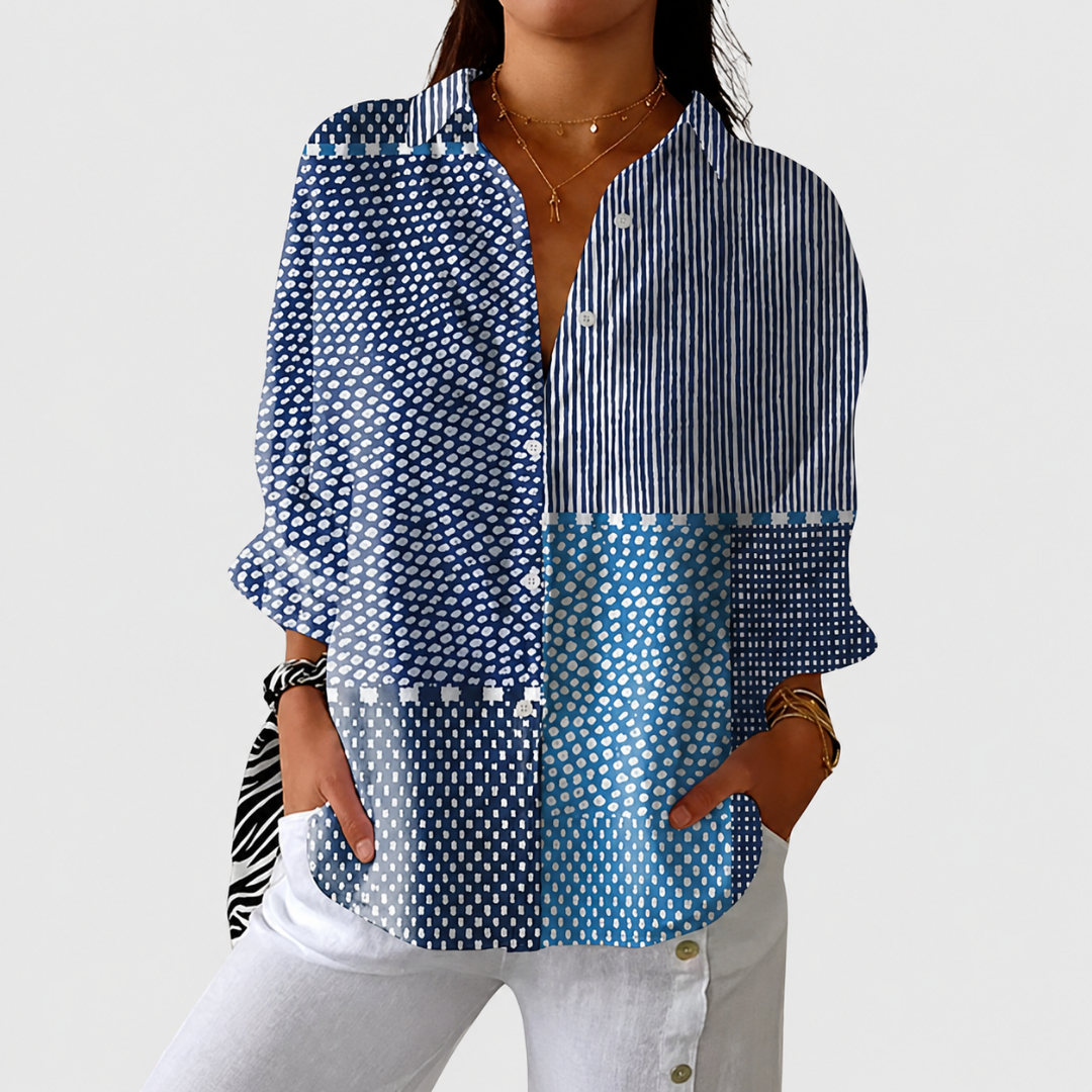 Blusa donna patchwork blu con colletto e bottoni