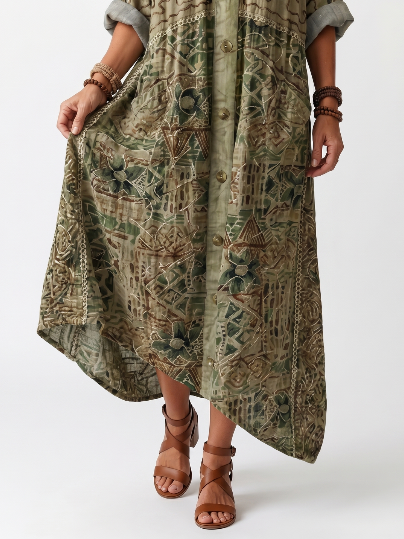 Abito midi donna bohemien con bottoni e stampa floreale