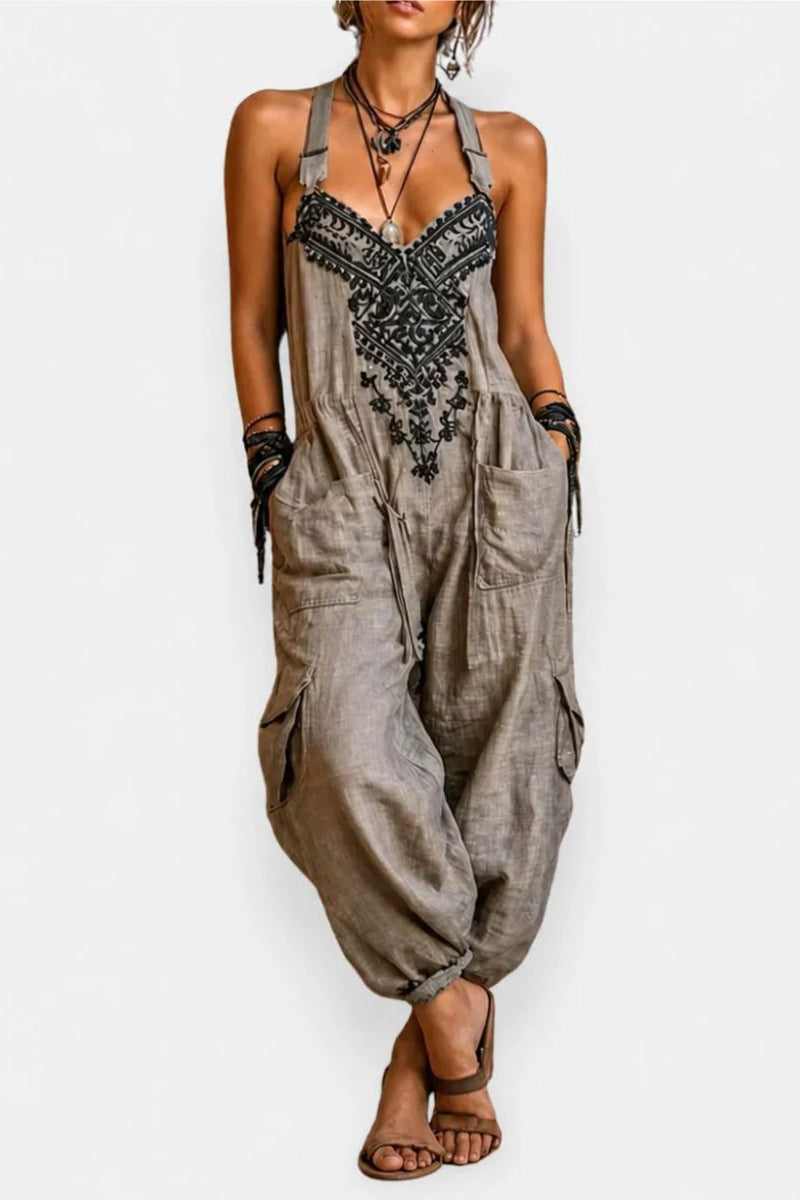 Tuta donna bohemien ricamata con tasche