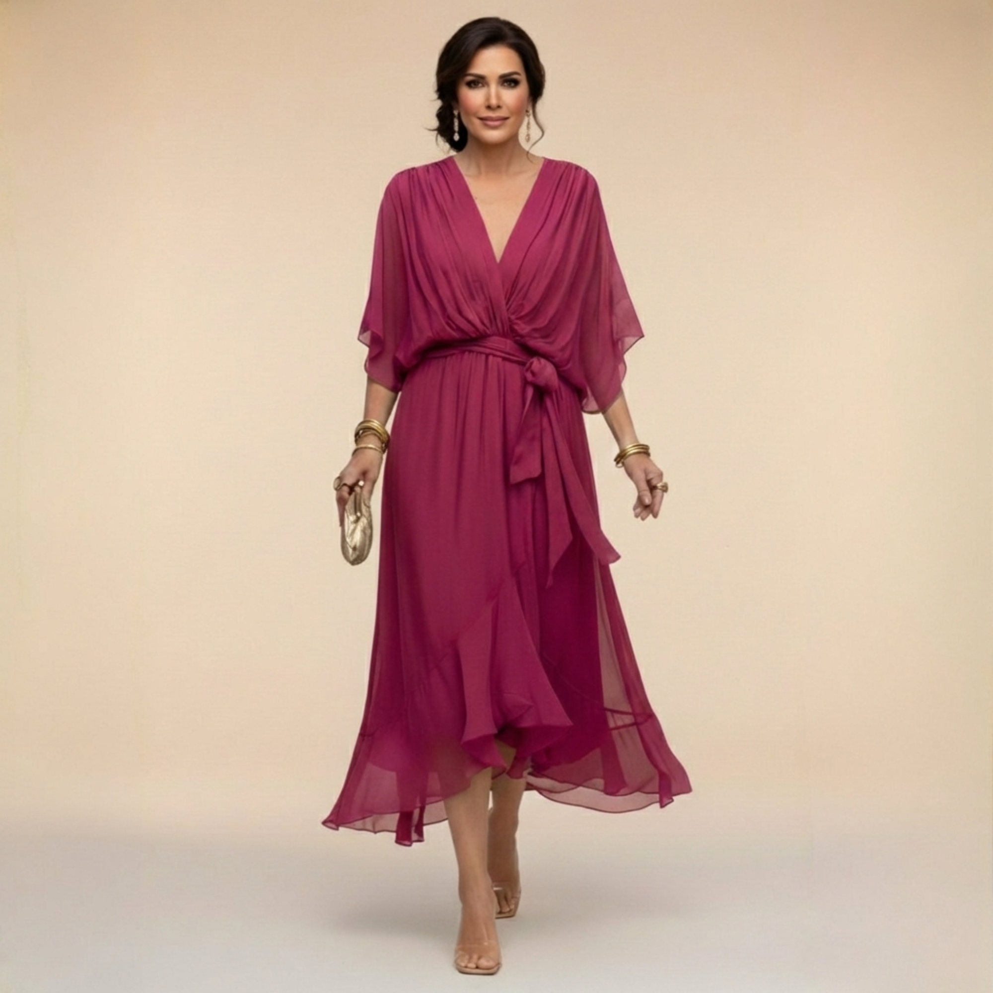 Abito midi da donna elegante in chiffon con scollo a V
