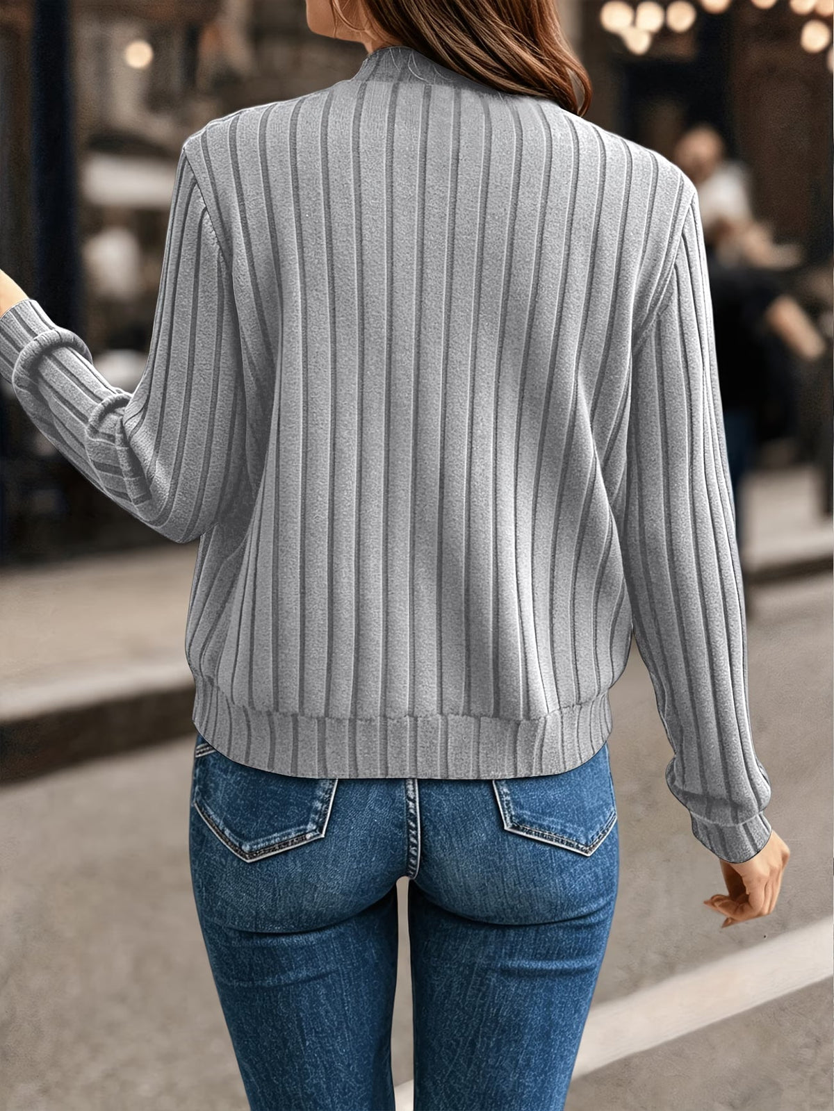 Cardigan donna a coste con zip frontale e maniche lunghe