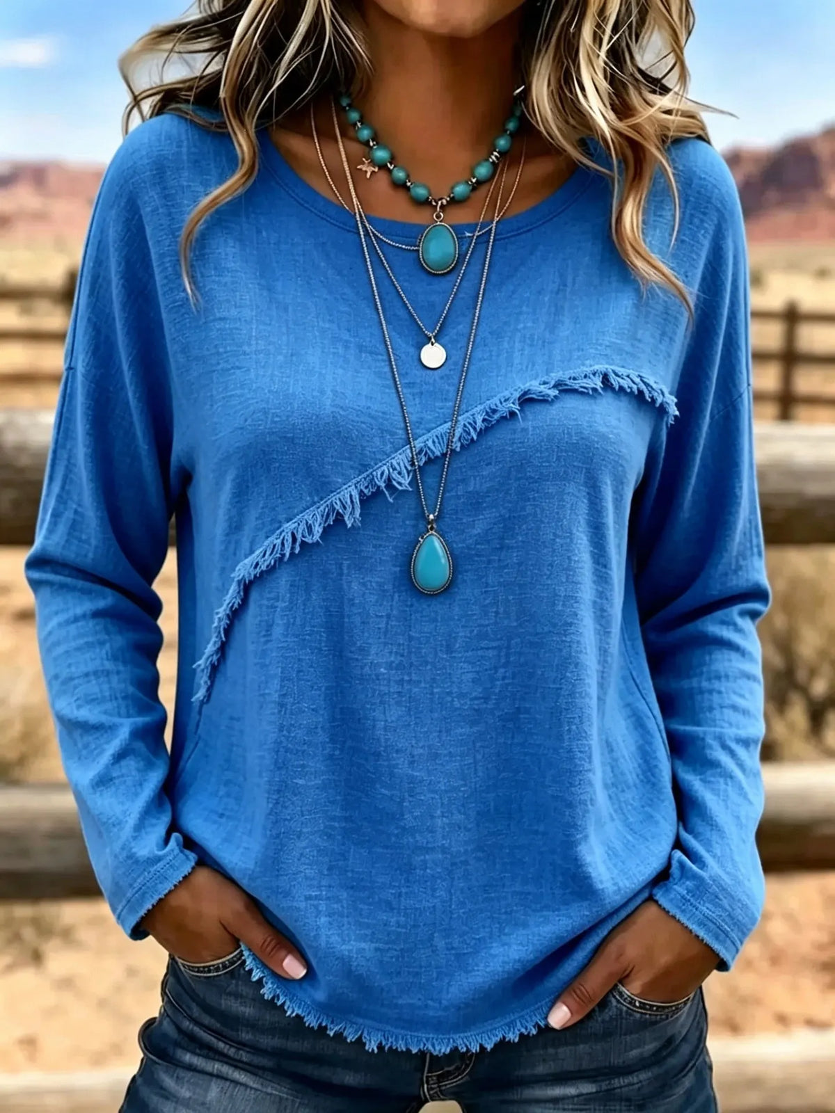 Blusa donna bohémien con frange e collo rotondo