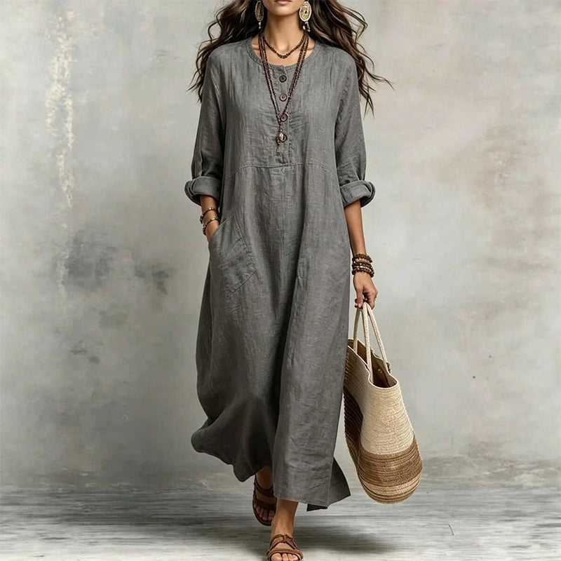 Abito maxi donna fluido con bottoni frontali e tasche