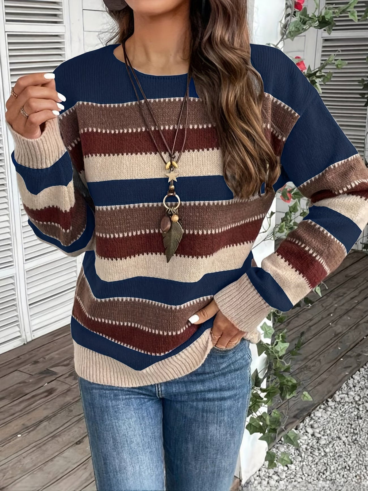 Maglione donna a righe colorblock con girocollo e maniche lunghe