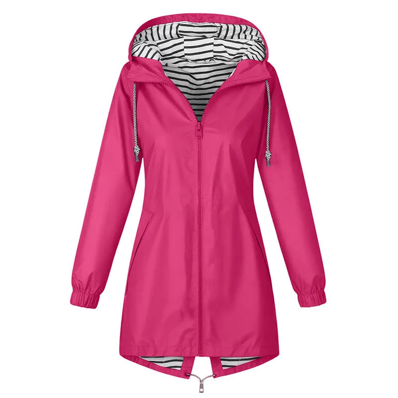 Impermeabile donna lungo con cappuccio e fodera a righe
