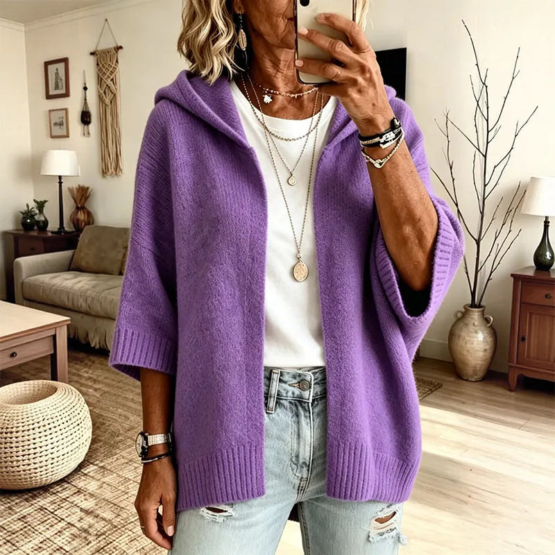 Cardigan donna ampio in maglia con cappuccio e maniche 3/4