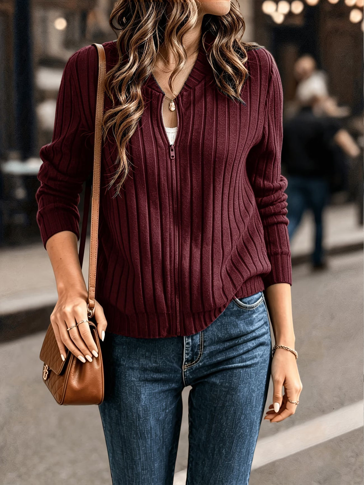 Cardigan donna a coste con zip frontale e maniche lunghe