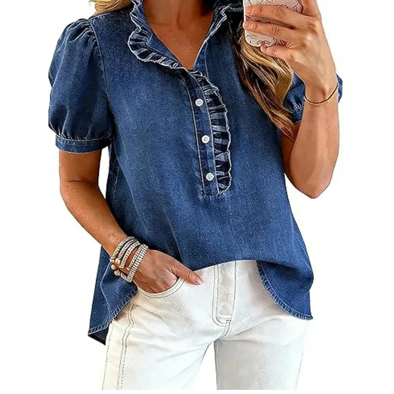 Top donna in denim con volant e maniche a sbuffo