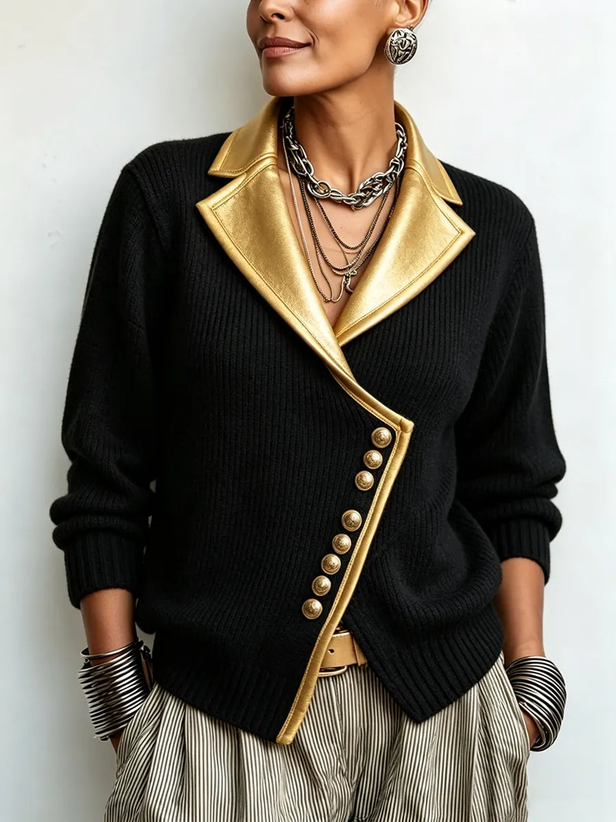 Cardigan donna in maglia a coste con dettagli dorati